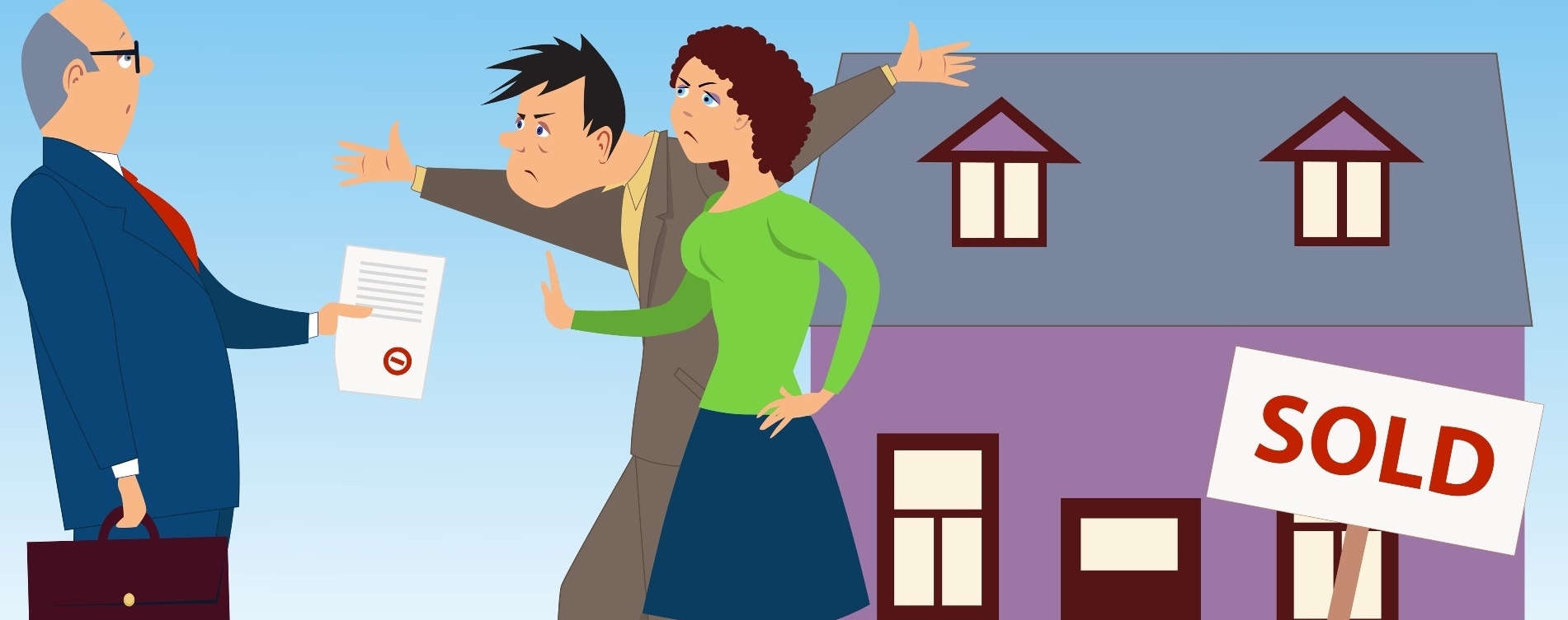 people arguing with a lawyer in front of their home